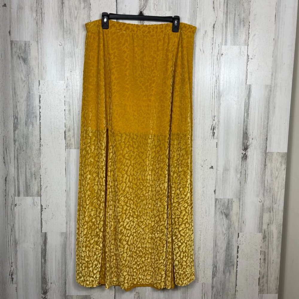 L&B sheer maxi skirt velvet animal print lined long front slits exotic yellow 2X